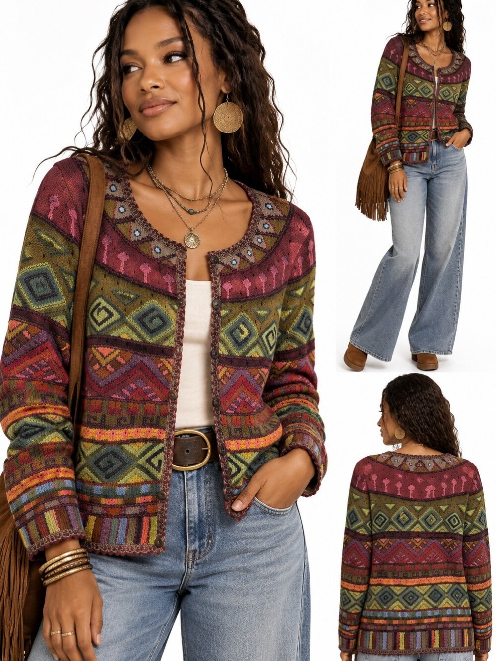 Peruvian Connection Vintage Multicolor Patterned Knit Sweater Cardigan Large